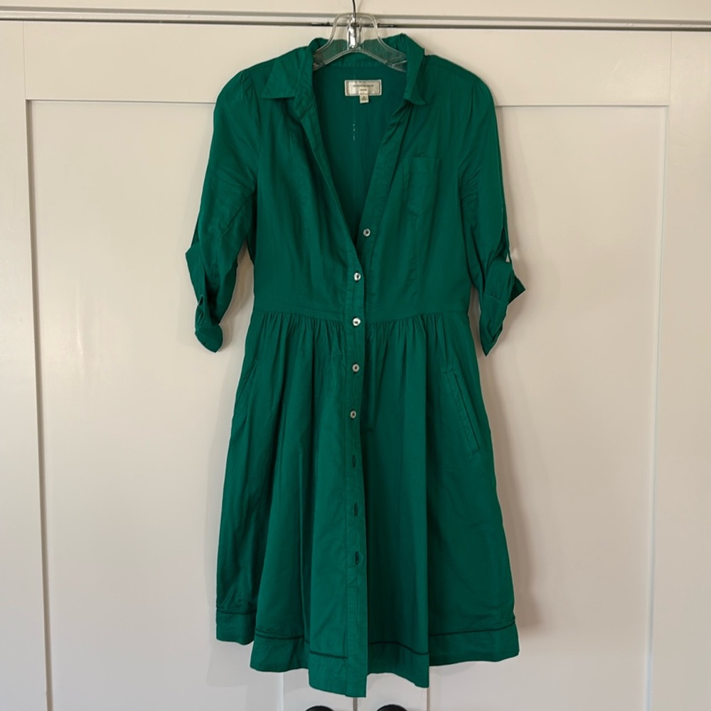 Anthropologie Moulinette Soeurs Emerald Green Buttoned Fit & Flare Shirt Dress